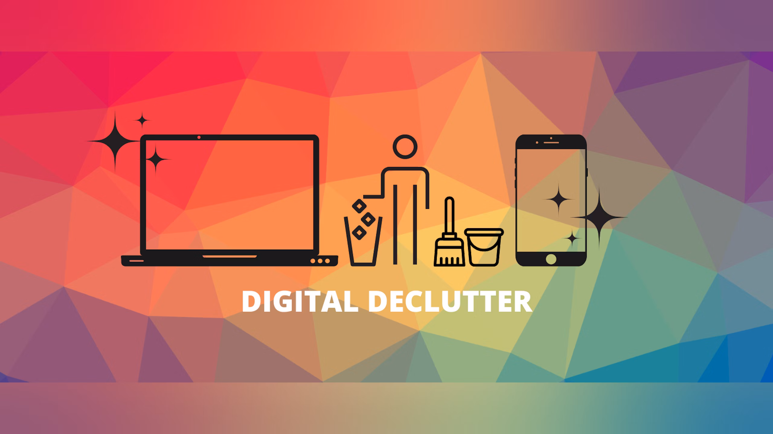 Icons of a person tossing trash and a mop and broom are shown next to a computer and phone with sparkles of clealiness coming out of them.