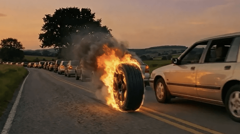 Dramatised still from planning session of tire on fire