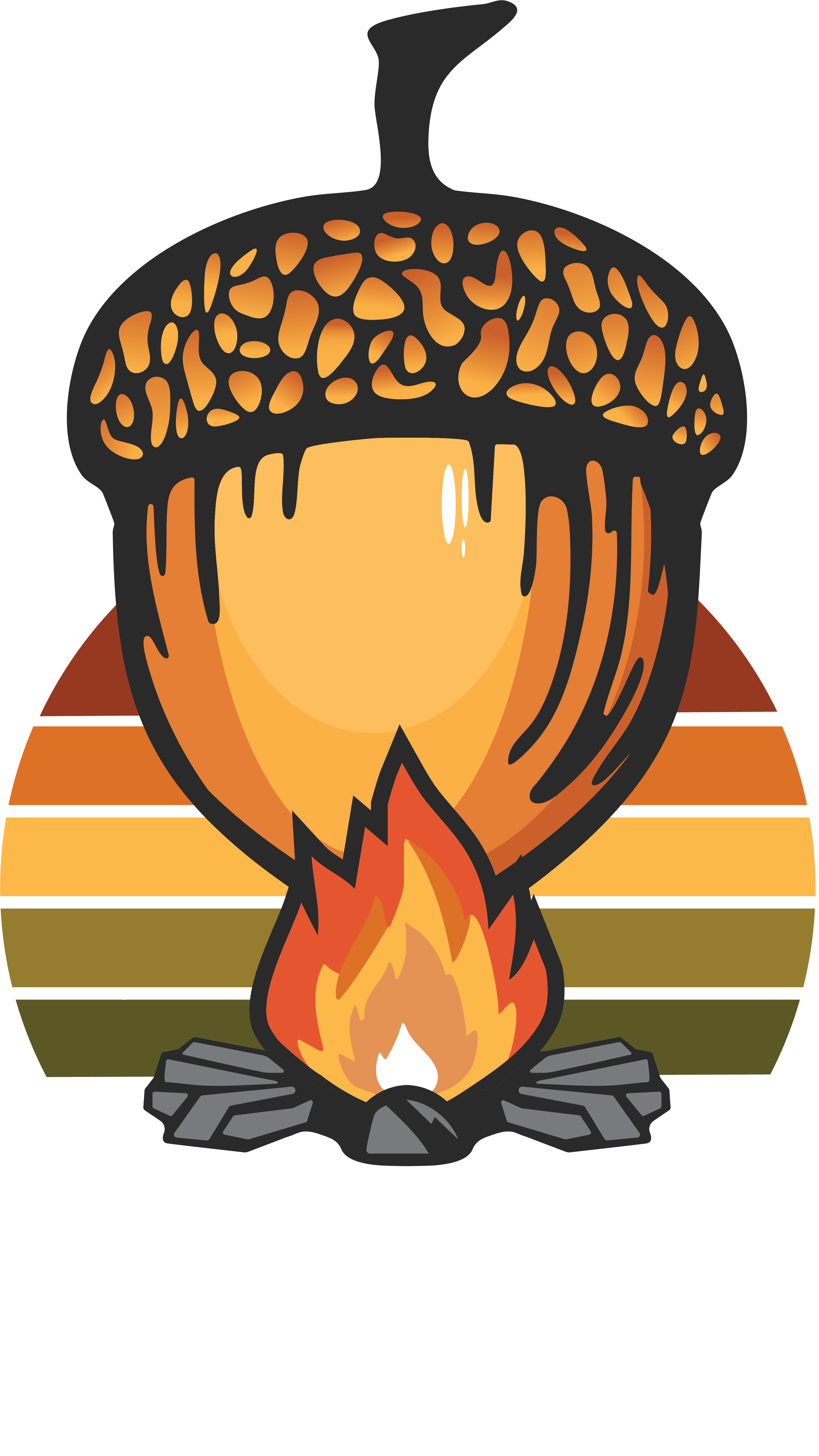 Logo featuring a large acorn above a campfire with logs and flames, set against a striped sunset background with the text 'OAK HILL HIDEAWAY' below.