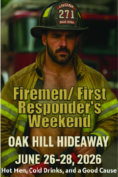 Firefighter in uniform and helmet standing in front of fire truck with event text overlay.