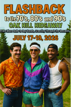 Event poster with three men dressed in 70s and 80s style clothing smiling outdoors on grass.