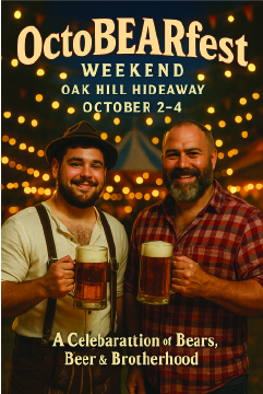 Four men smiling outdoors by a grill with sausages, with text announcing Labor Day Weekend at Oak Hill Hideaway from September 4-7, 2026.