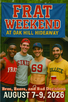 Four young men smiling and posing in front of a house with a banner reading 'FRAT WEEKEND at Oak Hill Hideaway, Bros, Beers, and Bad Decisions, August 7-9, 2026'.