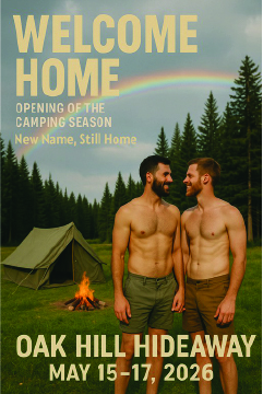 Two shirtless men holding hands and smiling in front of a campfire, tent, pine trees, and a rainbow.