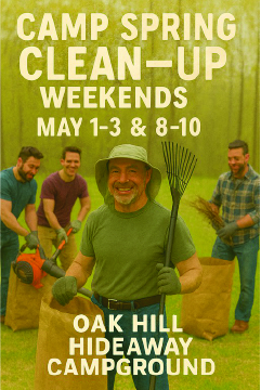 Group of people cleaning outdoors with gardening tools and large bags, promoting Camp Spring Clean-Up Weekend at Oak Hill Hideaway Campground.