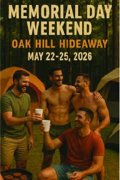 Four men smiling and toasting with drinks in front of tents in a forest during Memorial Day Weekend event.