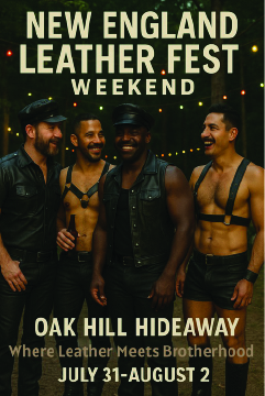 Four men dressed in leather attire smiling under string lights at New England Leather Fest Weekend, Oak Hill Hideaway, July 31-August 2.