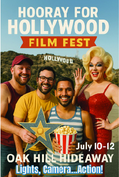 Four smiling people in front of Hollywood sign holding popcorn and star prop at Hollywood Film Fest event poster.