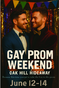 Two men in formal attire smiling and embracing at a festive prom event with colorful decorations in the background.