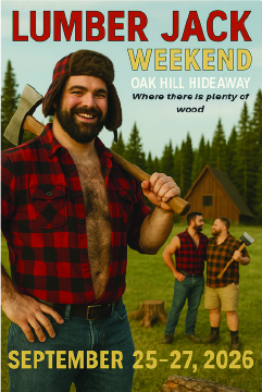 Smiling lumberjack in a red plaid shirt holding an axe over his shoulder with two men talking in front of cabins and pine trees in the background.