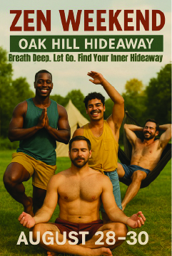 Four men practicing meditation and yoga outdoors on green grass, promoting a Zen Weekend retreat at Oak Hill Hideaway from August 28-30.