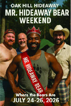 Four smiling men posing outdoors; one wears a crown and red sash reading 'Mr. Hideaway Bear.'