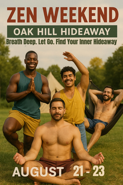 Five people dressed in fetish costumes posing outdoors, including a man in leather, a soldier, two in dog masks, and one in a Superman suit, with event text overlay about a kink/fetish weekend in August 2026.