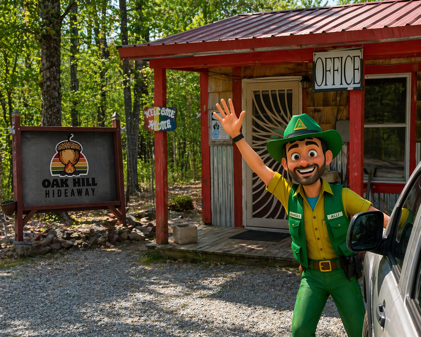image of a cartoon ranger alli standing in front of the Oak Hill Hideaway Office. Ranger Alli is smiling and happy, wecloming you to camp