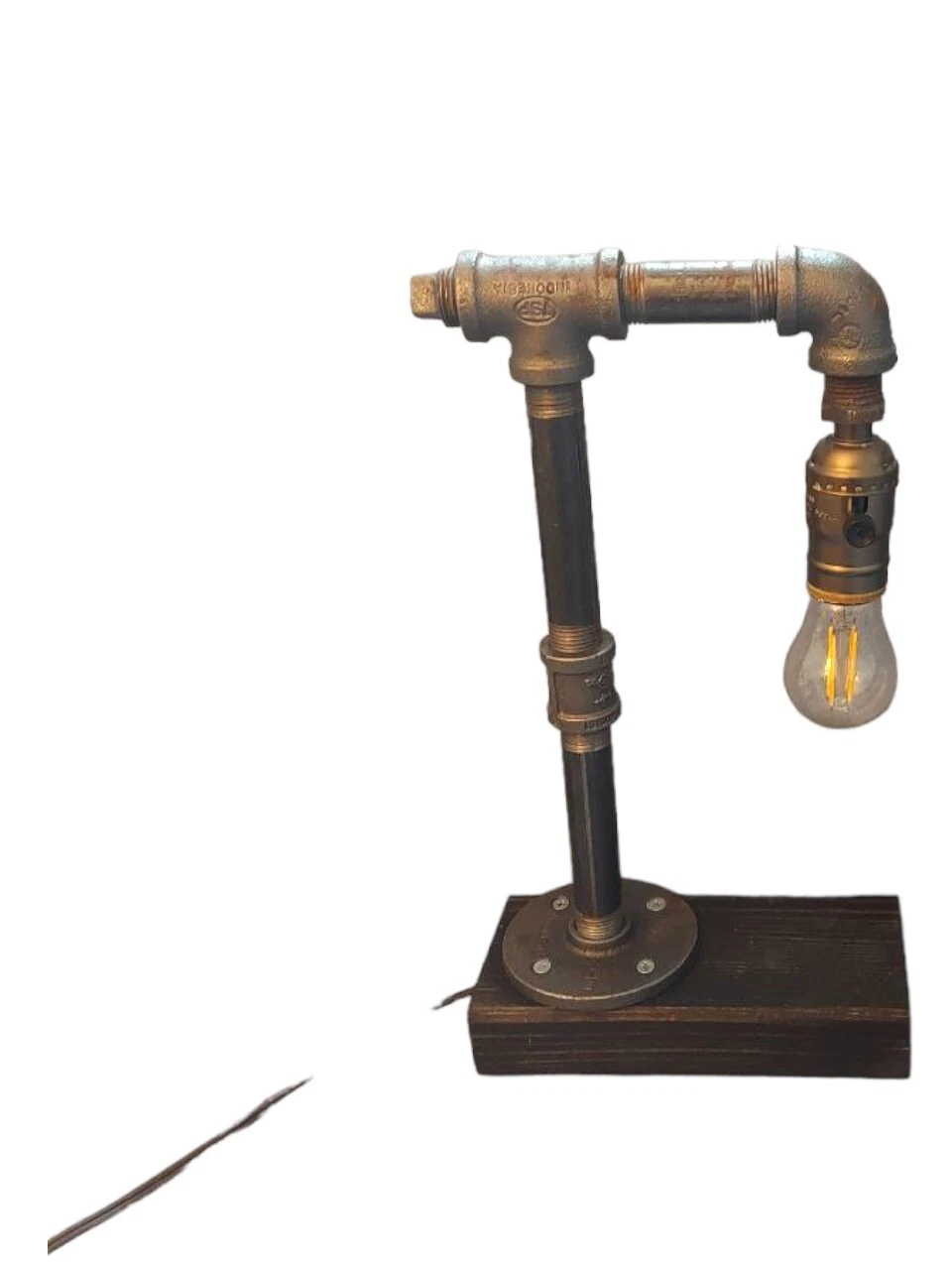 Handmade industrial pipe table lamp with Edison bulb and dark wood base