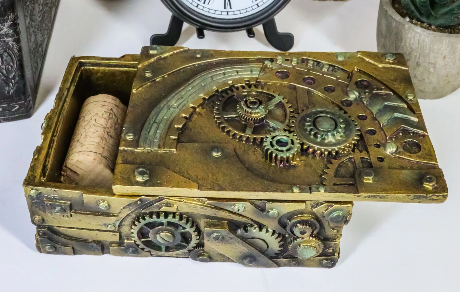 Steampunk-style mechanical decorative box with exposed gears and scroll compartment