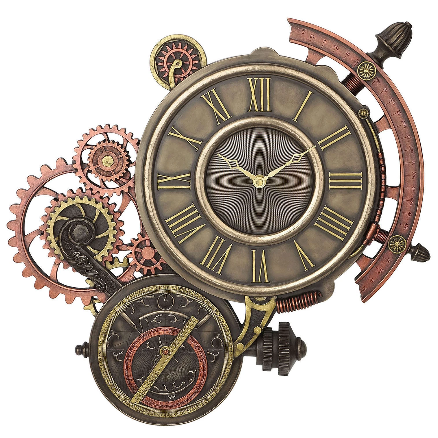 Decorative steampunk wall clock with exposed gears and Roman numerals