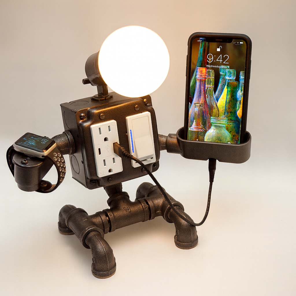 Steampunk robot lamp with pipe body, glowing bulb head, outlets, and phone holder