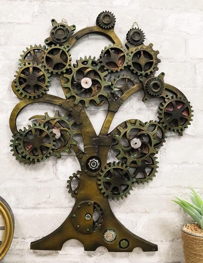 Steampunk wall art tree made from interlocking brass gears and mechanical parts