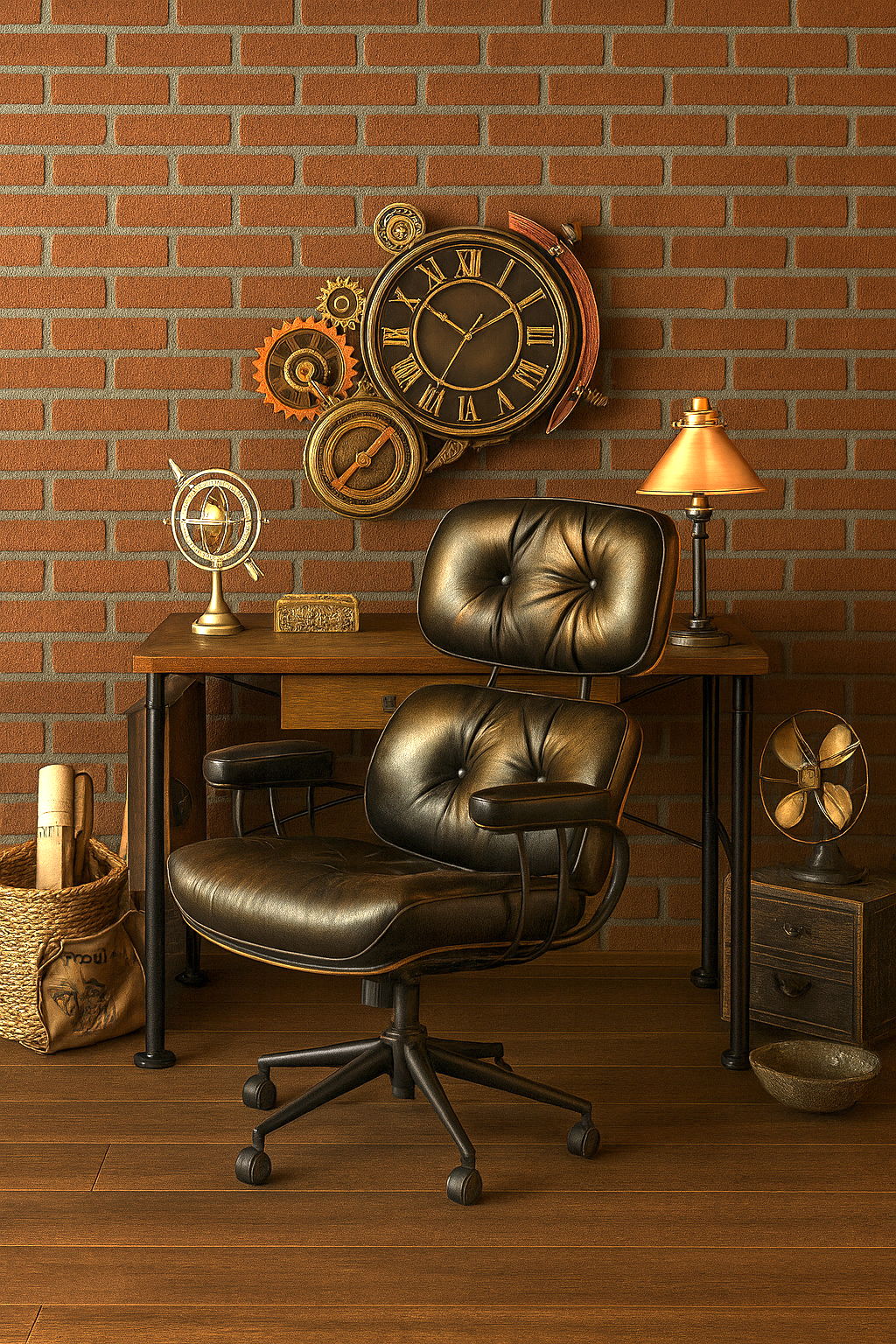 Steampunk-style home office with leather chair, wooden desk, brass gear wall clock, and brick wall backdrop.
