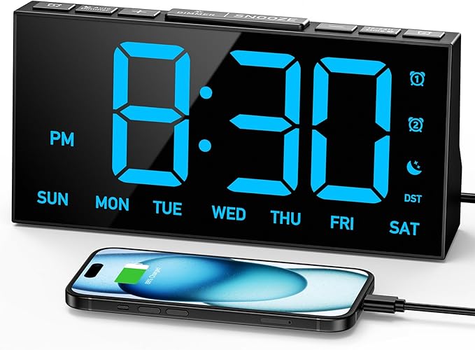 Large LED digital alarm clock with USB charging port and weekday display