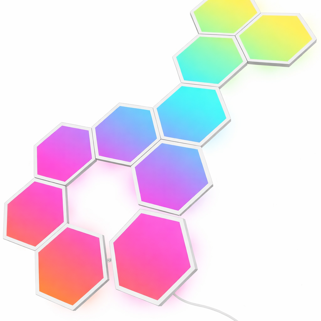 Modular hexagon RGB wall light panels arranged in colorful geometric pattern