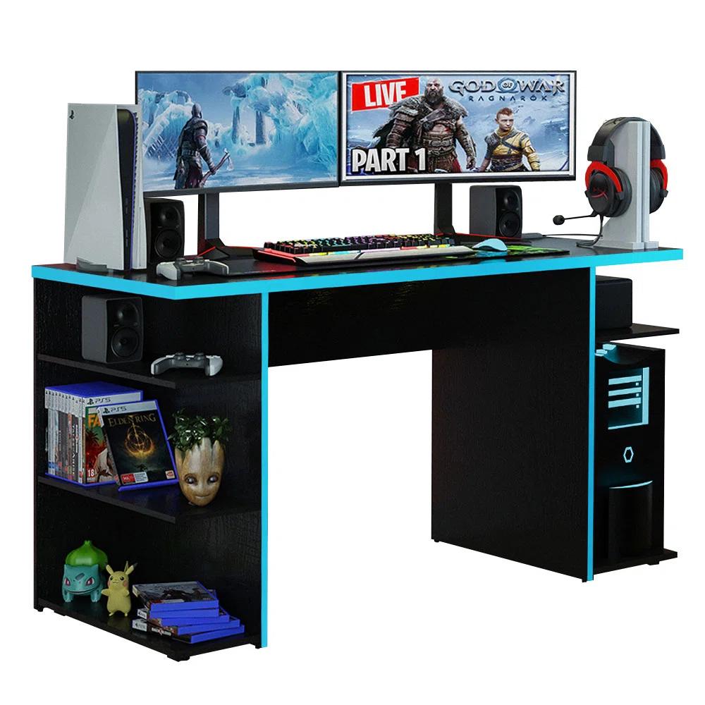 Gaming desk with LED accents and shelving designed for dual monitor setup