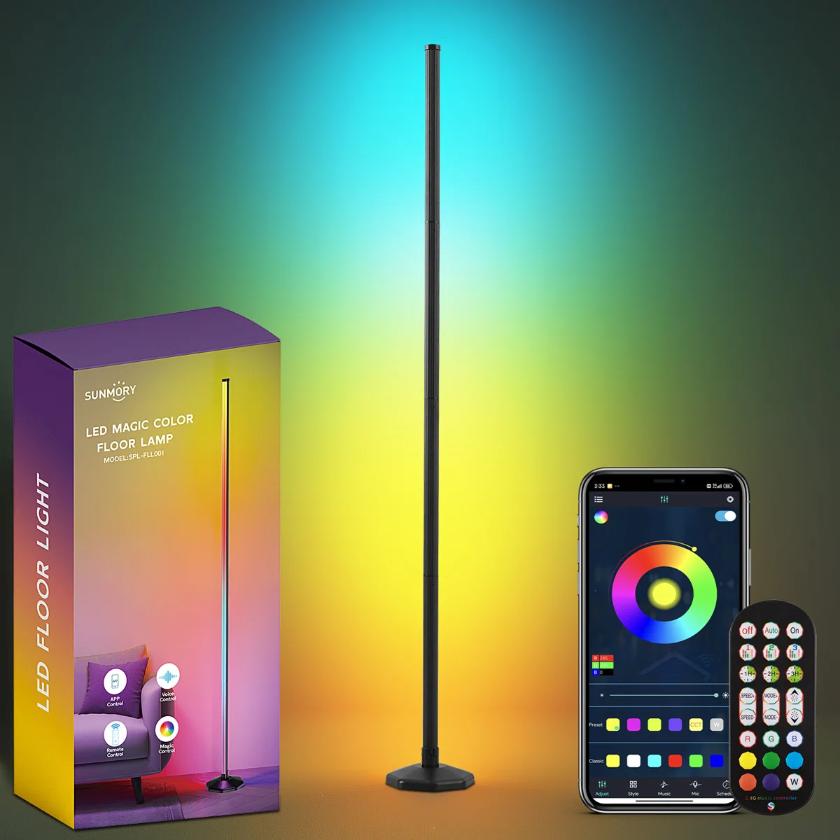 LED magic color floor lamp with smartphone app control and remote