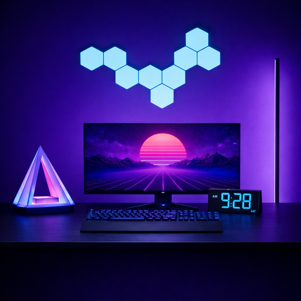 Retro-futurist synthwave gaming desk setup with neon sunset wallpaper, geometric LED wall lights, and purple ambient lighting.