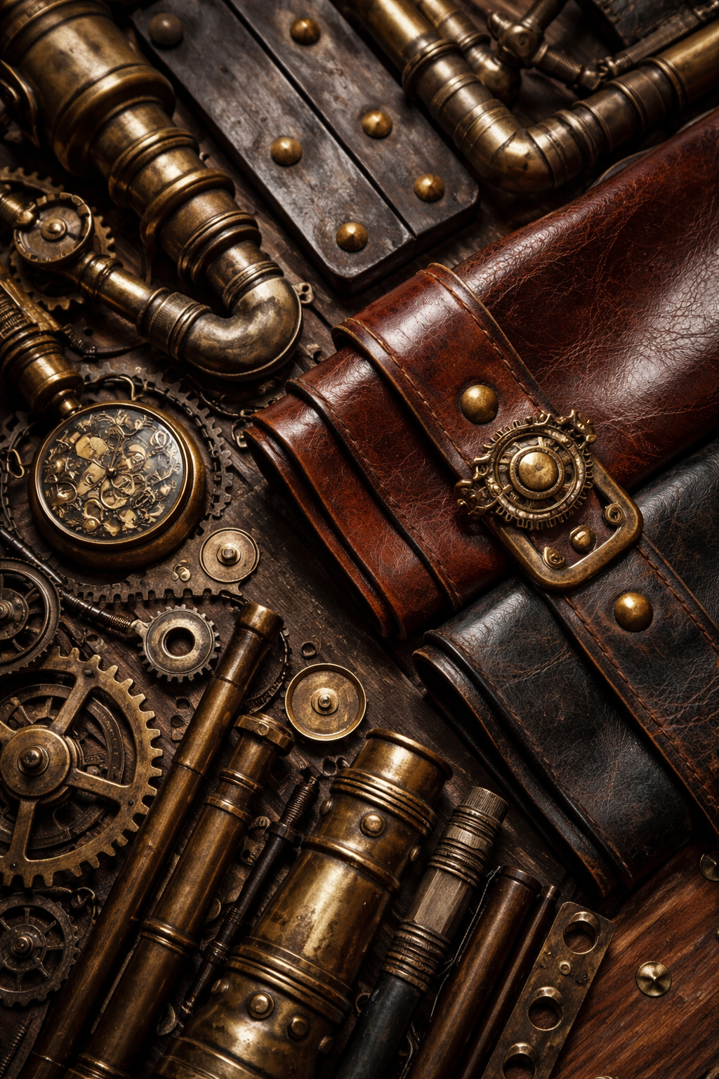 Steampunk materials including brass gears, pipes, pocket watch, and leather roll on a wooden surface.