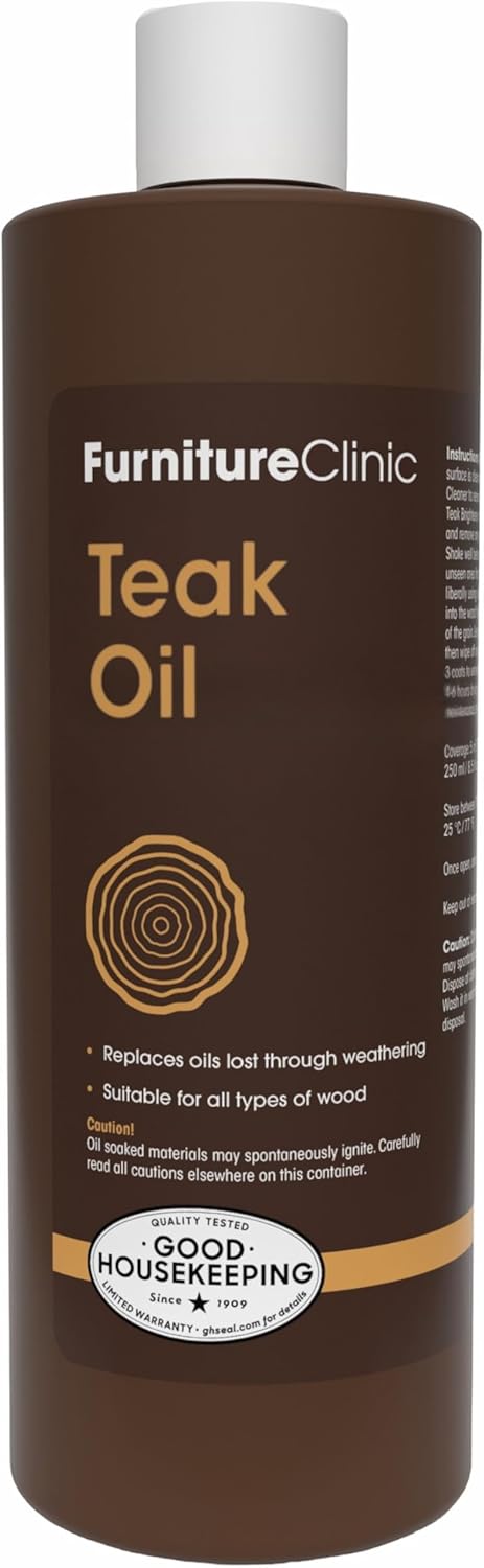 Furniture Clinic teak oil bottle for restoring and protecting outdoor wood furniture
