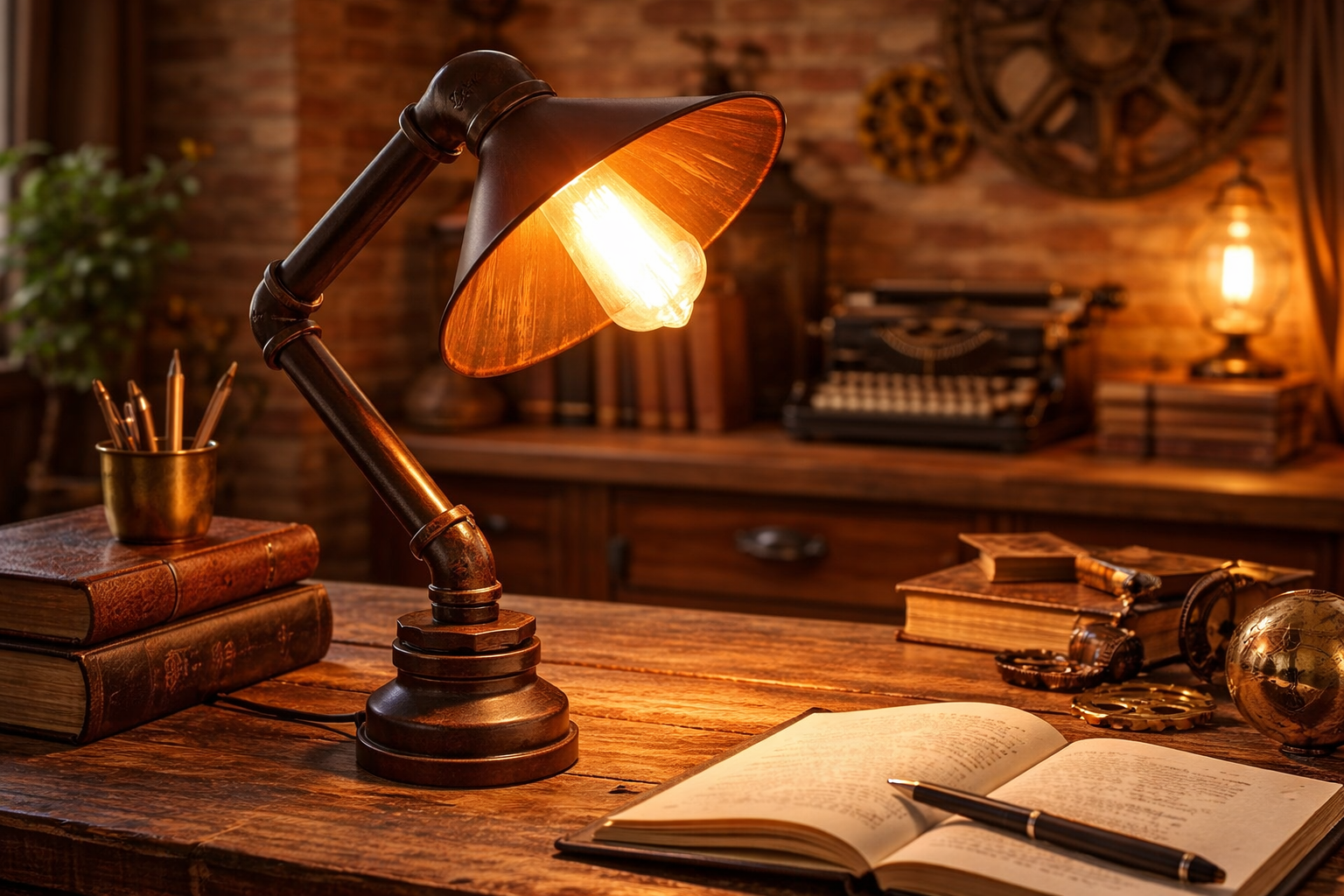 Steampunk desk lamp with exposed Edison bulb on a wooden writing desk with vintage books and brass decor.