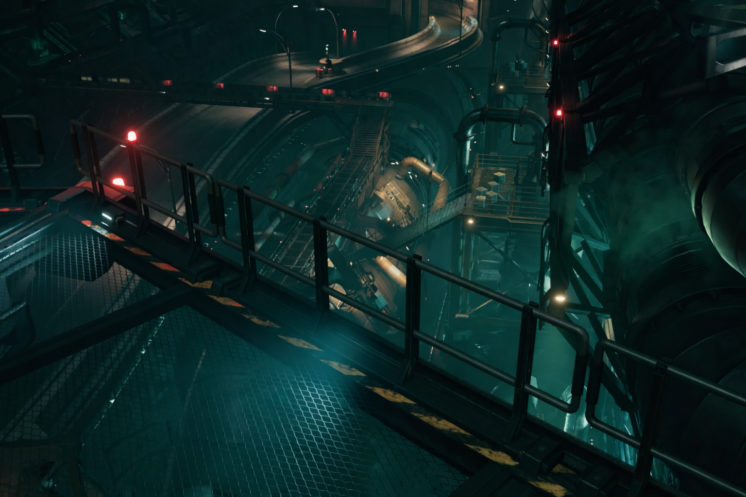 Elevated industrial roadways and maintenance walkways suspended inside Midgar, lit by system lights and surrounded by pipes and infrastructure.