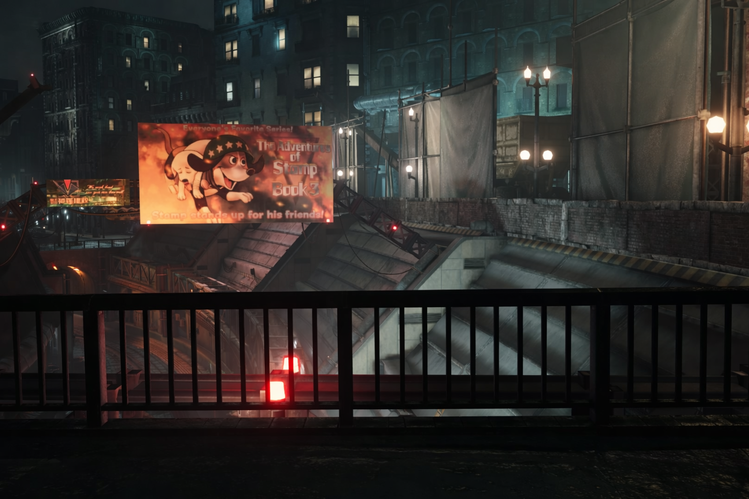Elevated bridge beneath Midgar’s plate, with Shinra propaganda and residential structures looming above the slums.