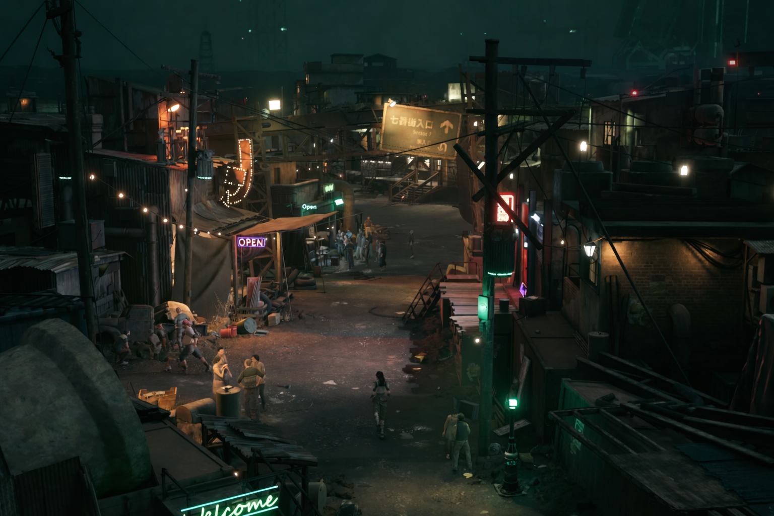 The Sector 7 slums beneath Midgar’s plate, featuring makeshift shops, exposed wiring, and uneven ground.