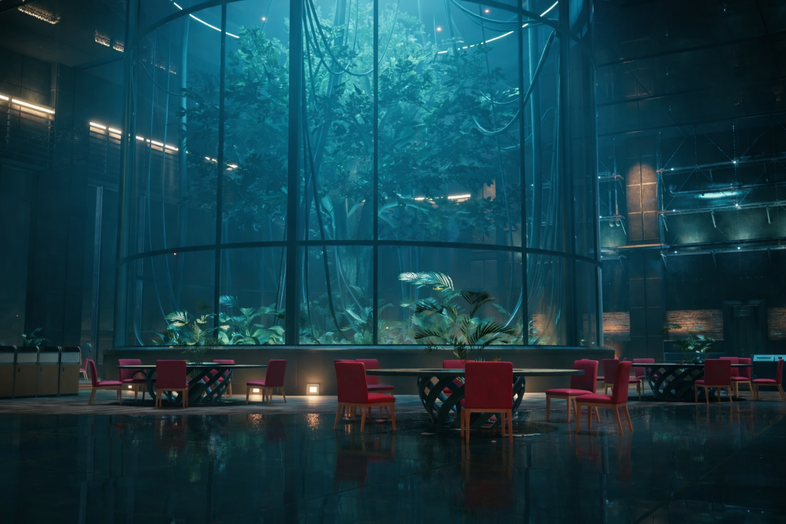 Glass enclosed tree installation inside Shinra HQ, visible from surrounding lounge areas.