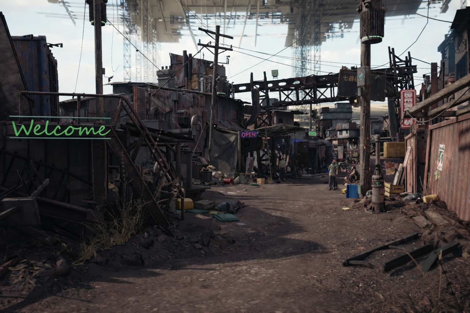 Daytime view of the Sector 7 slums, showing exposed earth, patched metal structures, and improvised walkways.