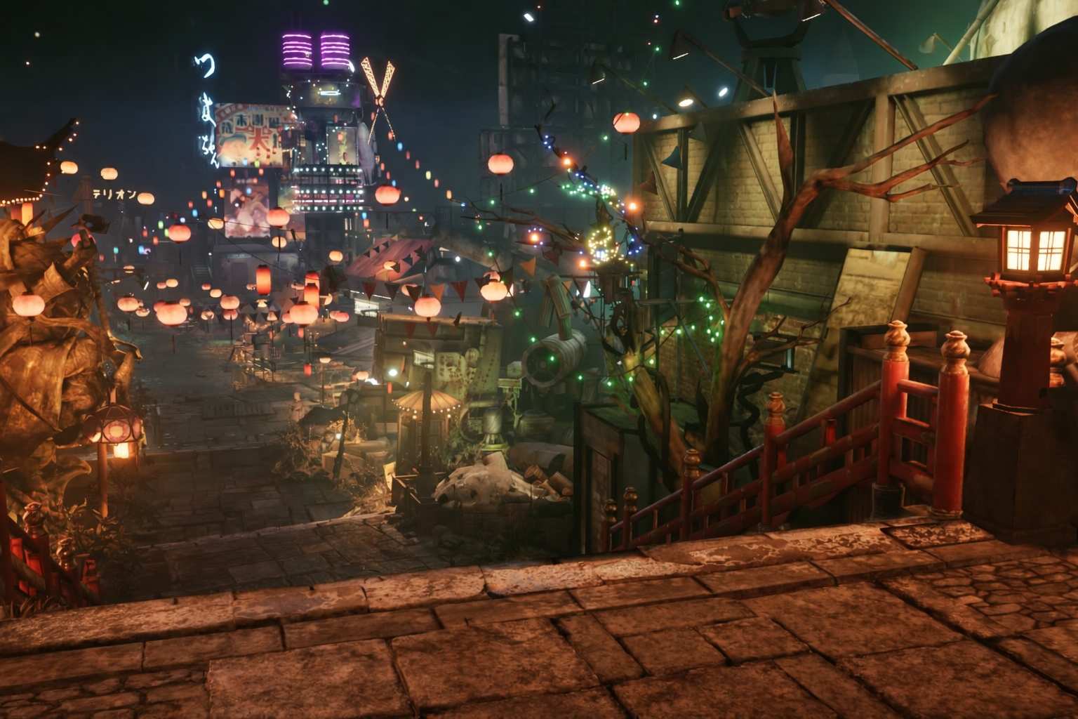 Wall Market at night viewed from above, with dense lantern lighting and layered neon signs filling the street below.