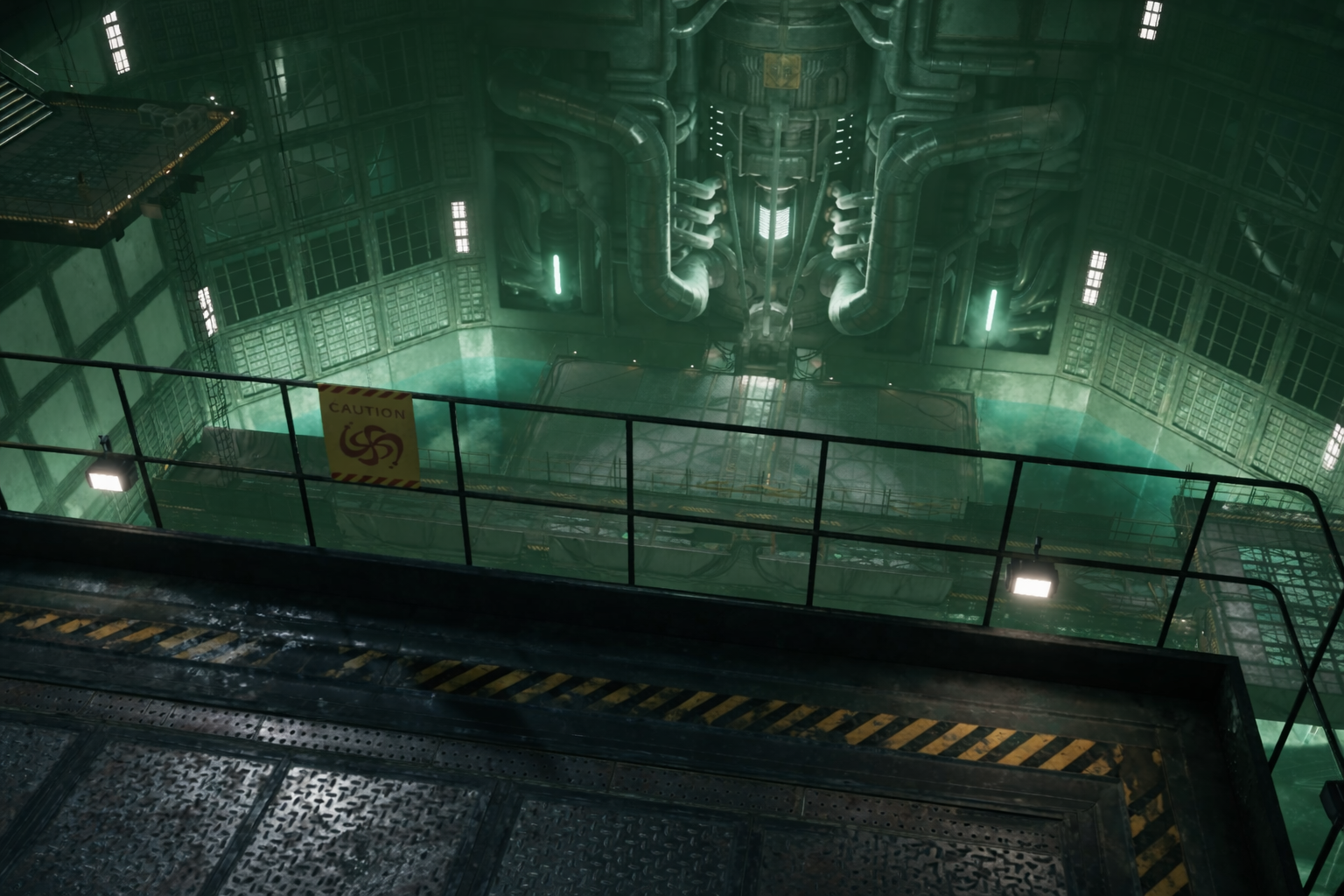 Overhead view of Mako Reactor 1 main chamber, showing vast industrial machinery surrounded by empty walkways and green illuminated space.