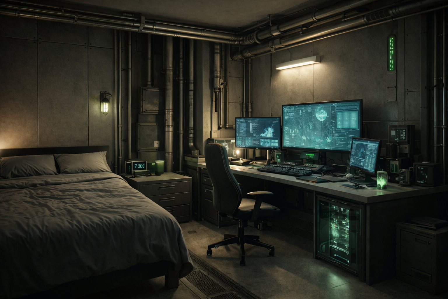 Modern bedroom and workspace inspired by Midgar, featuring industrial materials, system driven lighting, and a functional desk setup.