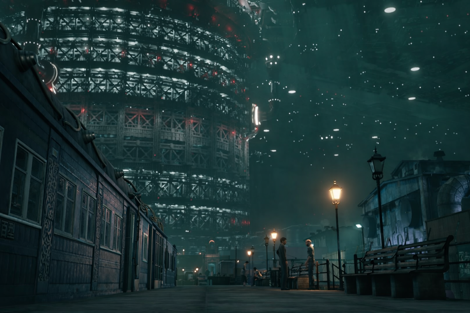 Bottom up view of the Sector 7 train station with the Midgar Mako Energy Pillar rising overhead and layered industrial lighting beneath the city plates.