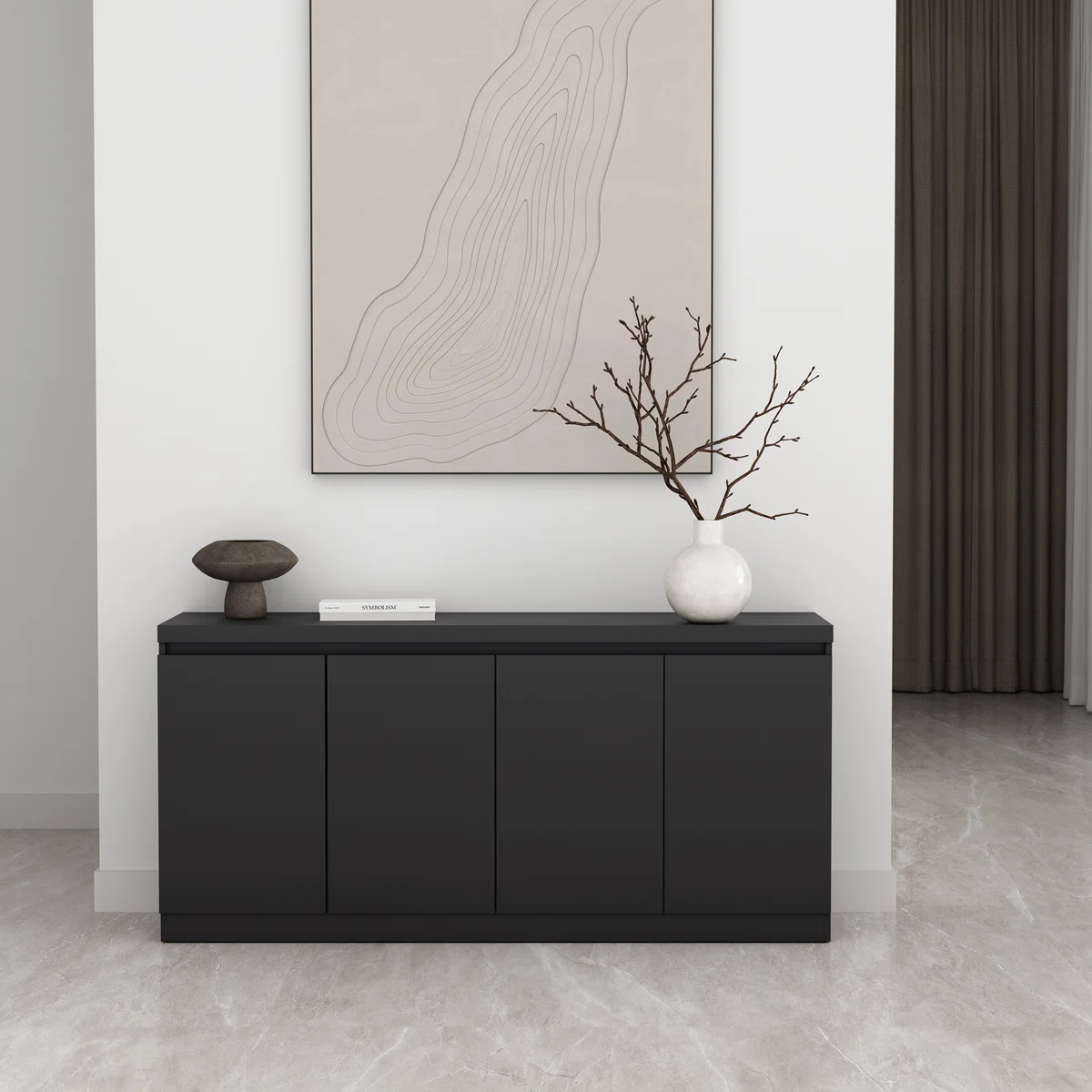 Matte black low-profile storage credenza with flat front doors and minimalist design