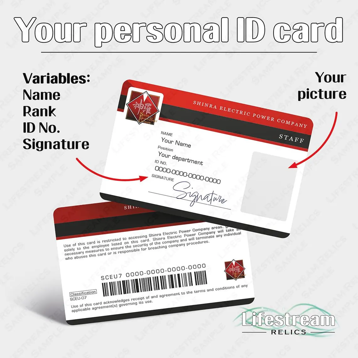 Custom Shinra Electric Power Company staff ID badge with red and black branding and personalized employee details.