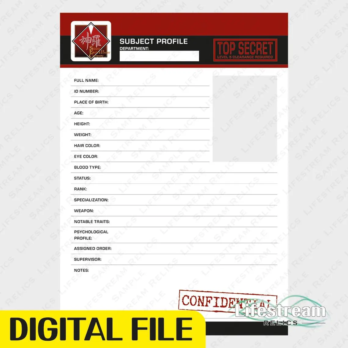 Shinra subject dossier form labeled Top Secret with fields for personal details and profile information.
