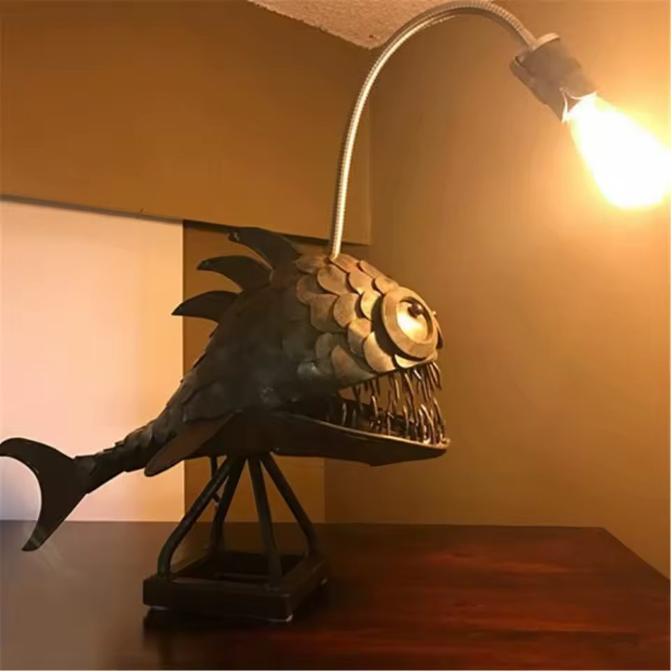 Decorative steampunk-style fish table lamp with exposed bulb and metallic mechanical body