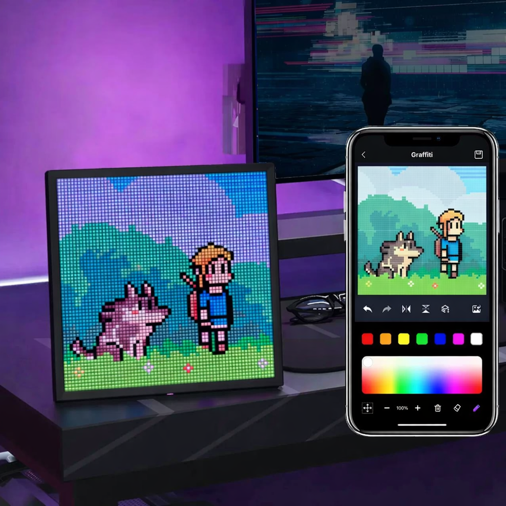 LED pixel display panel on desk showing retro Mega Man style game scene