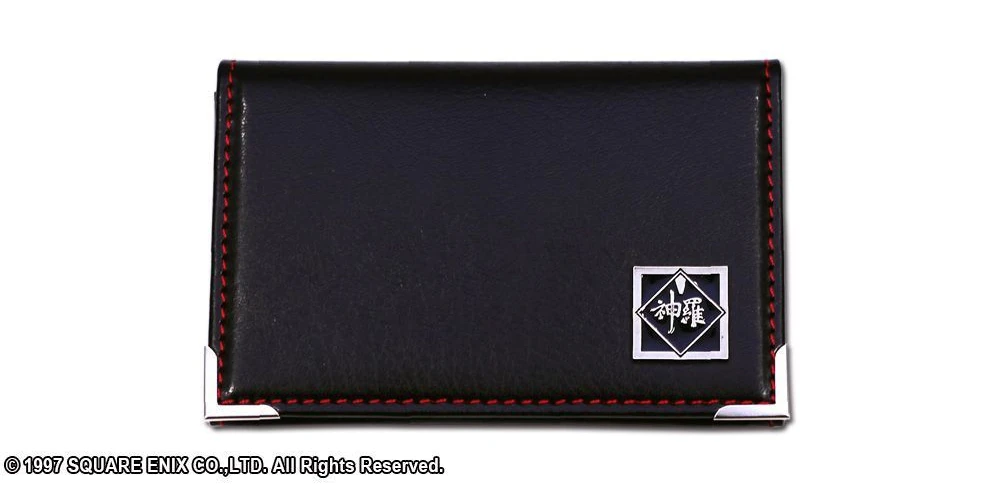 Black leather Shinra Company business card holder with red stitching and silver emblem on white background.