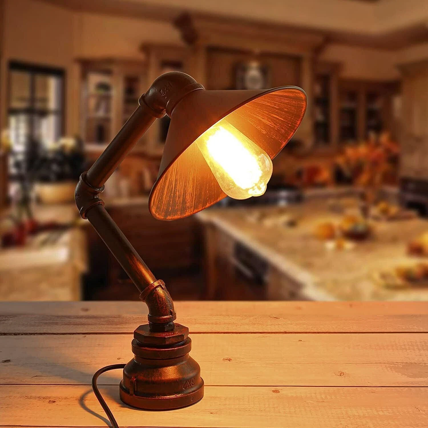 Industrial pipe desk lamp with angled metal cone shade and vintage Edison bulb