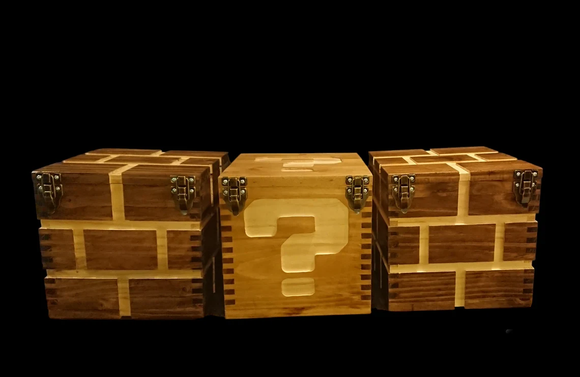 Wooden Super Mario question block and brick storage boxes