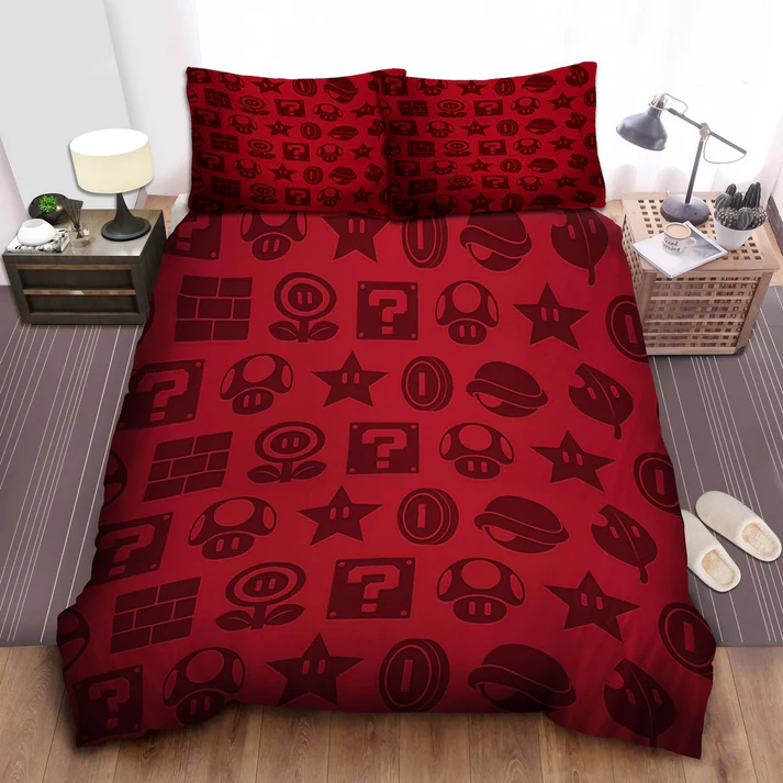 Red Super Mario bedding set featuring classic game icons such as mushrooms, stars, fire flowers, and question blocks
